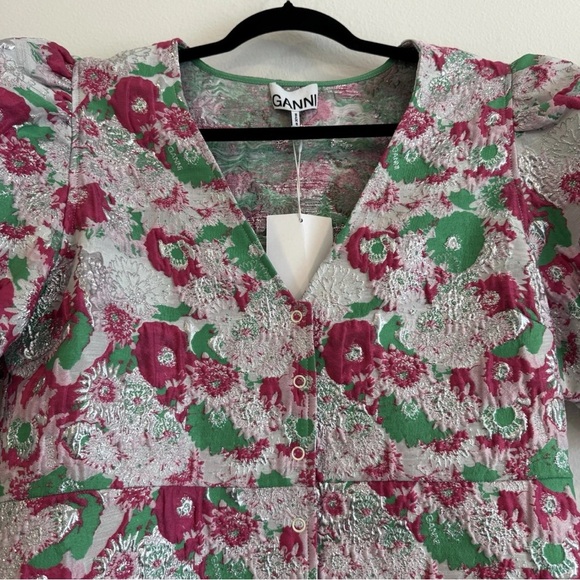 GANNI 3D Jacquard Mini Dress Sugar Plum Floral Puff Sleeve Party  42 L 10/12 - Picture 3 of 9